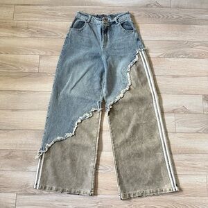 Aelfric Eden Faux Tan Leather Split Denim Flare Wide Leg Baggy Jeans Pants